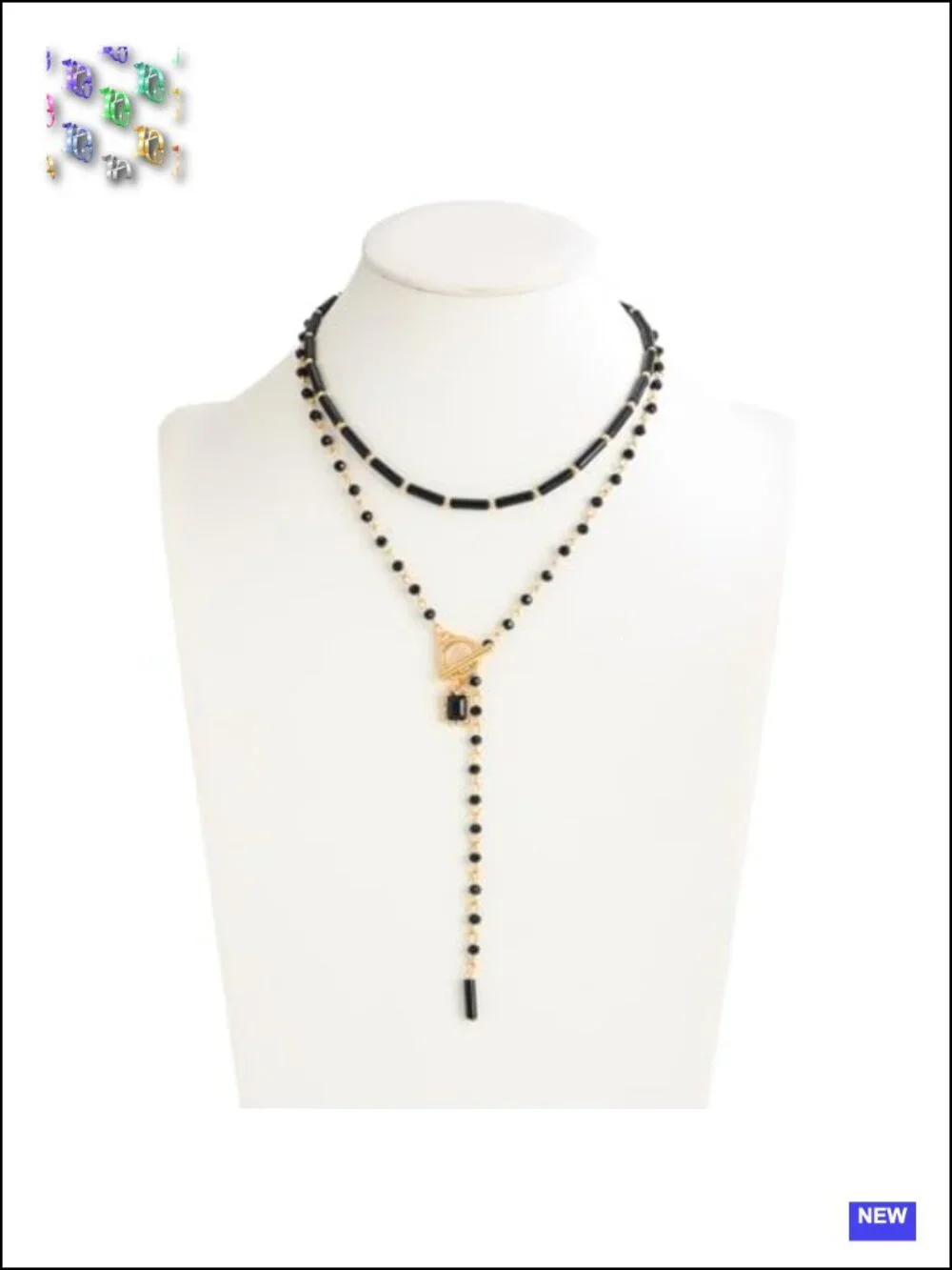 Lariat Necklace for Women, Black Beaded Y Necklace with Gold Tone Toggle Clasp